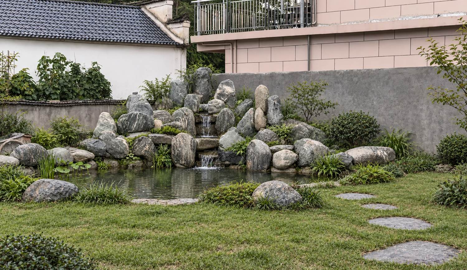 安徽芜湖60吨泰山石假山施工案例 从石材卸车到7天完工全过程