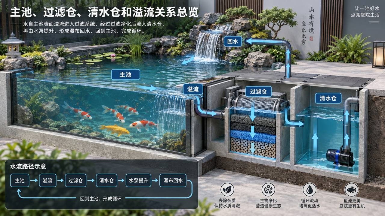 主池、过滤仓与回水路径的关系示意。