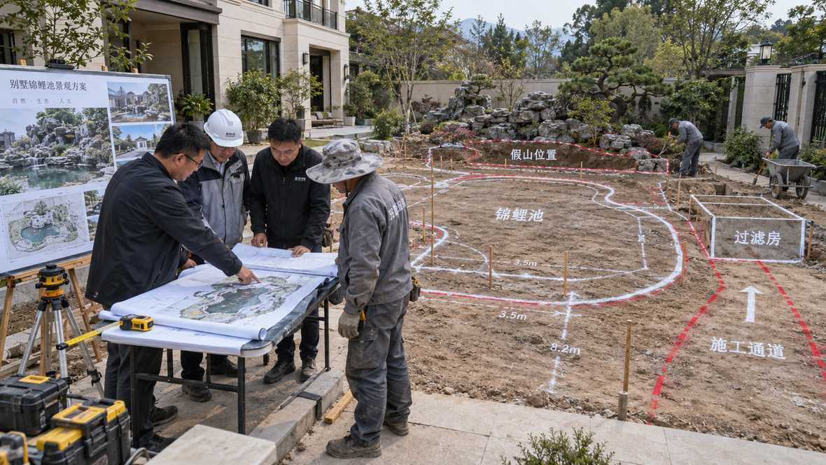 大型鱼池假山为什么不能先堆假山再考虑鱼池？基础、防水、净化和落水必须提前规划