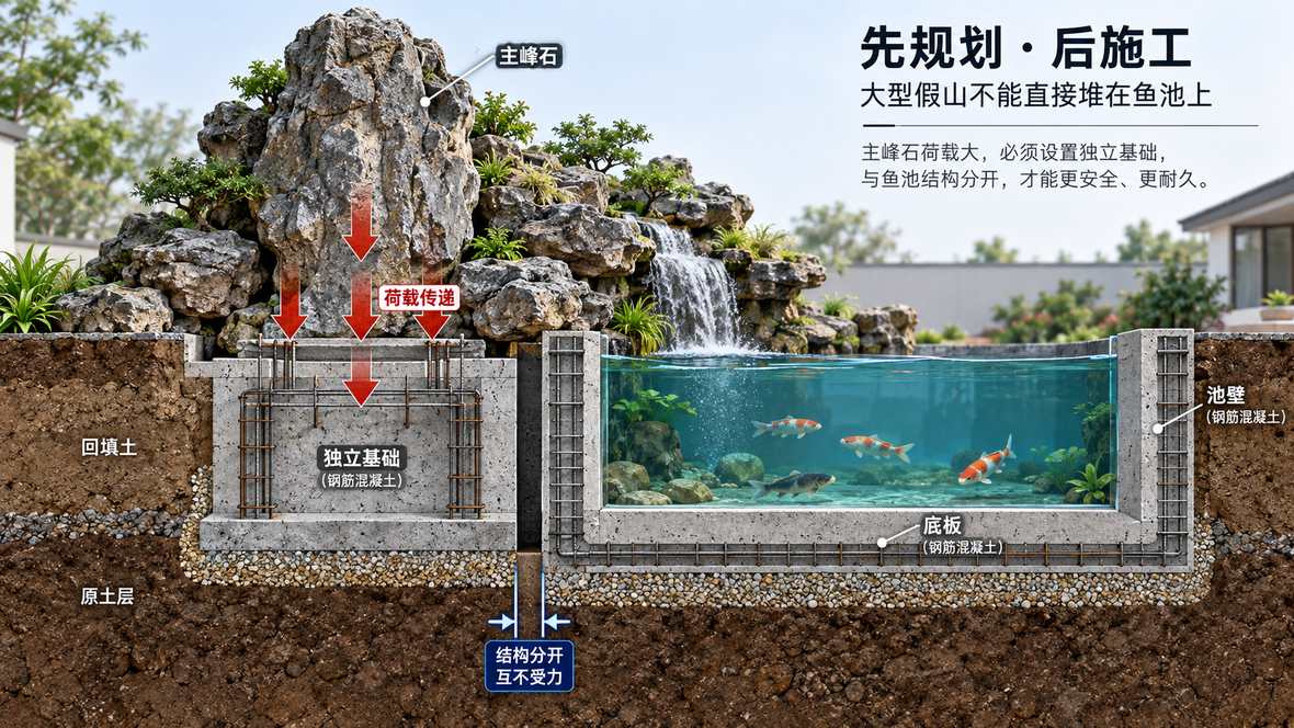 图2 大型假山与鱼池独立基础剖面图