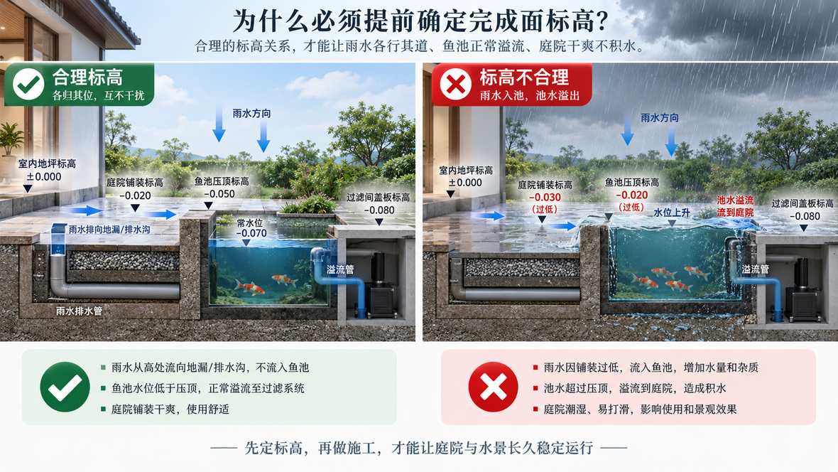 图5 庭院标高与鱼池排水对比图