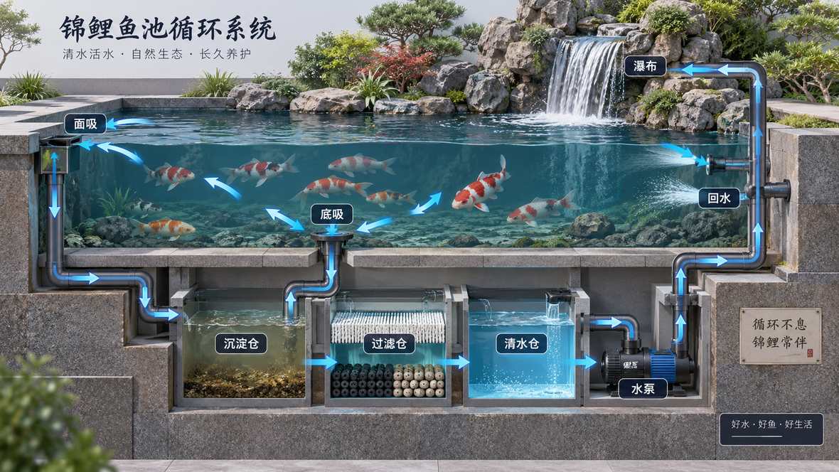 图4 锦鲤鱼池循环过滤系统示意图
