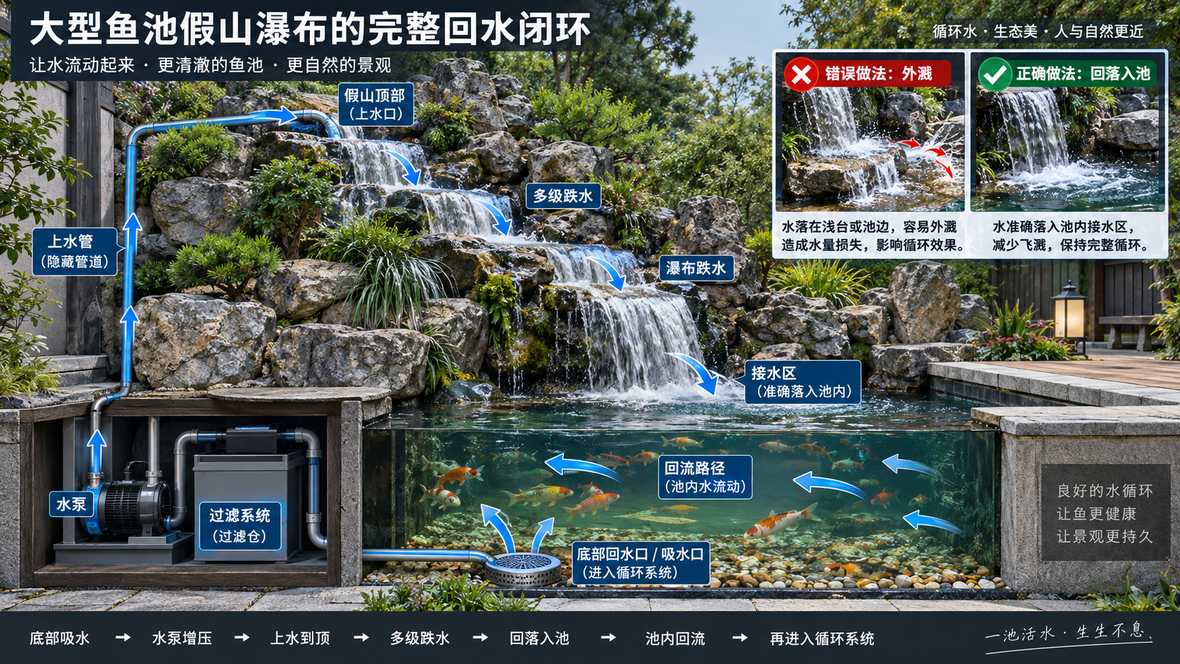 图7 大型鱼池瀑布回水循环示意图
