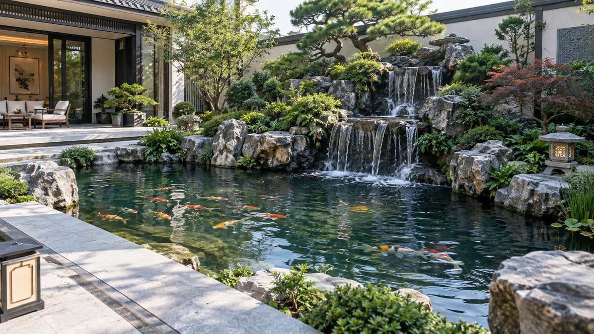 图8 现代庭院锦鲤瀑布池