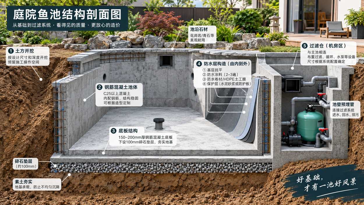 图：庭院锦鲤池结构剖面图