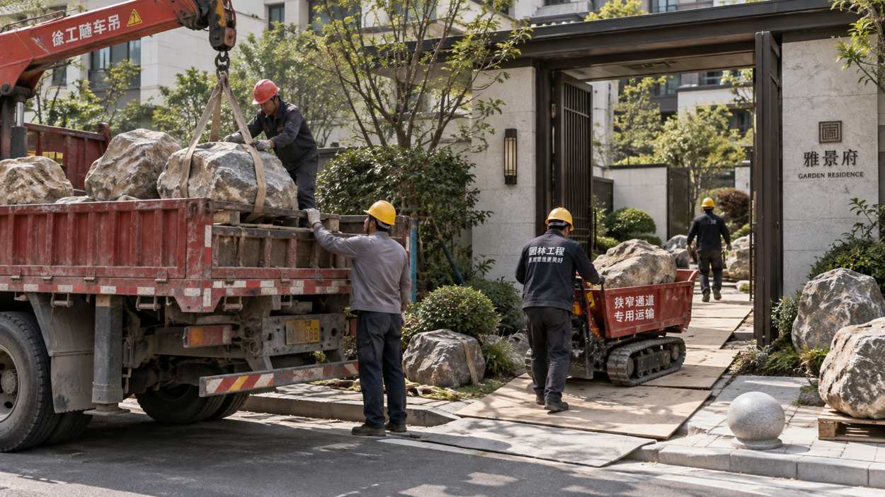 图：住宅庭院景观石运输现场