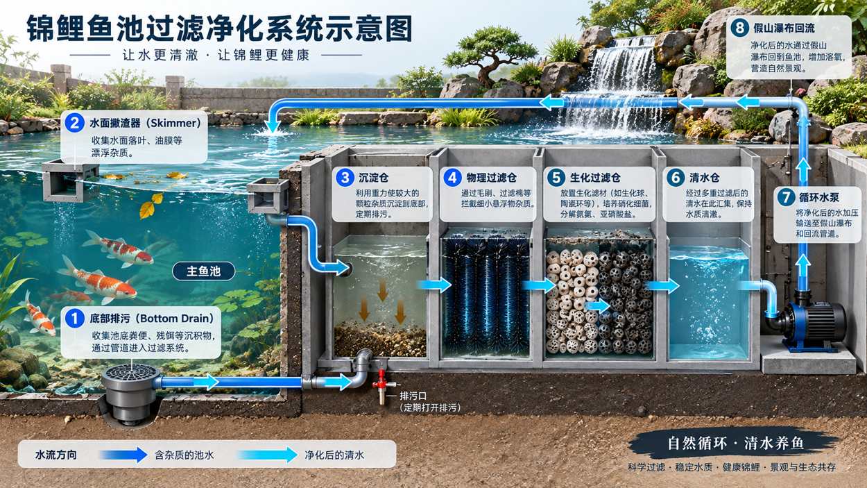 图：锦鲤鱼池过滤净化系统示意图