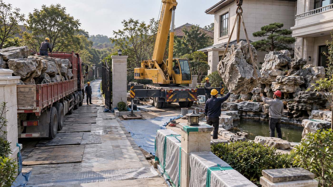 图7 别墅庭院巨石吊装施工:大门、车辆通道、吊车站位、作业半径和二次倒运都应在开工前核实。