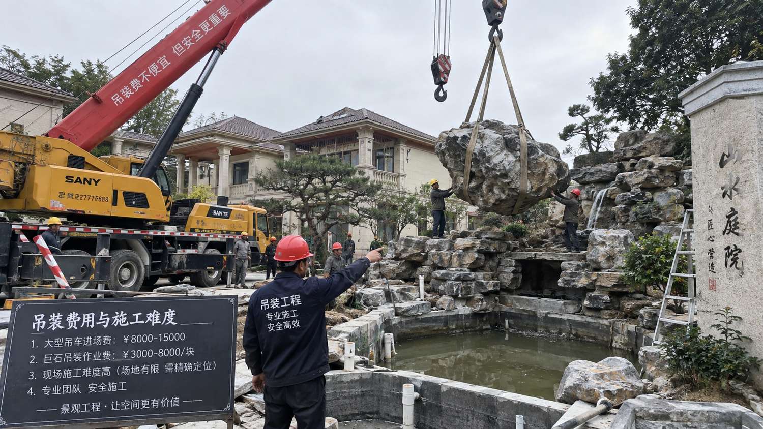 示意图5:别墅庭院假山吊装施工——表达主峰石重量、吊装半径和机械条件对费用的影响。