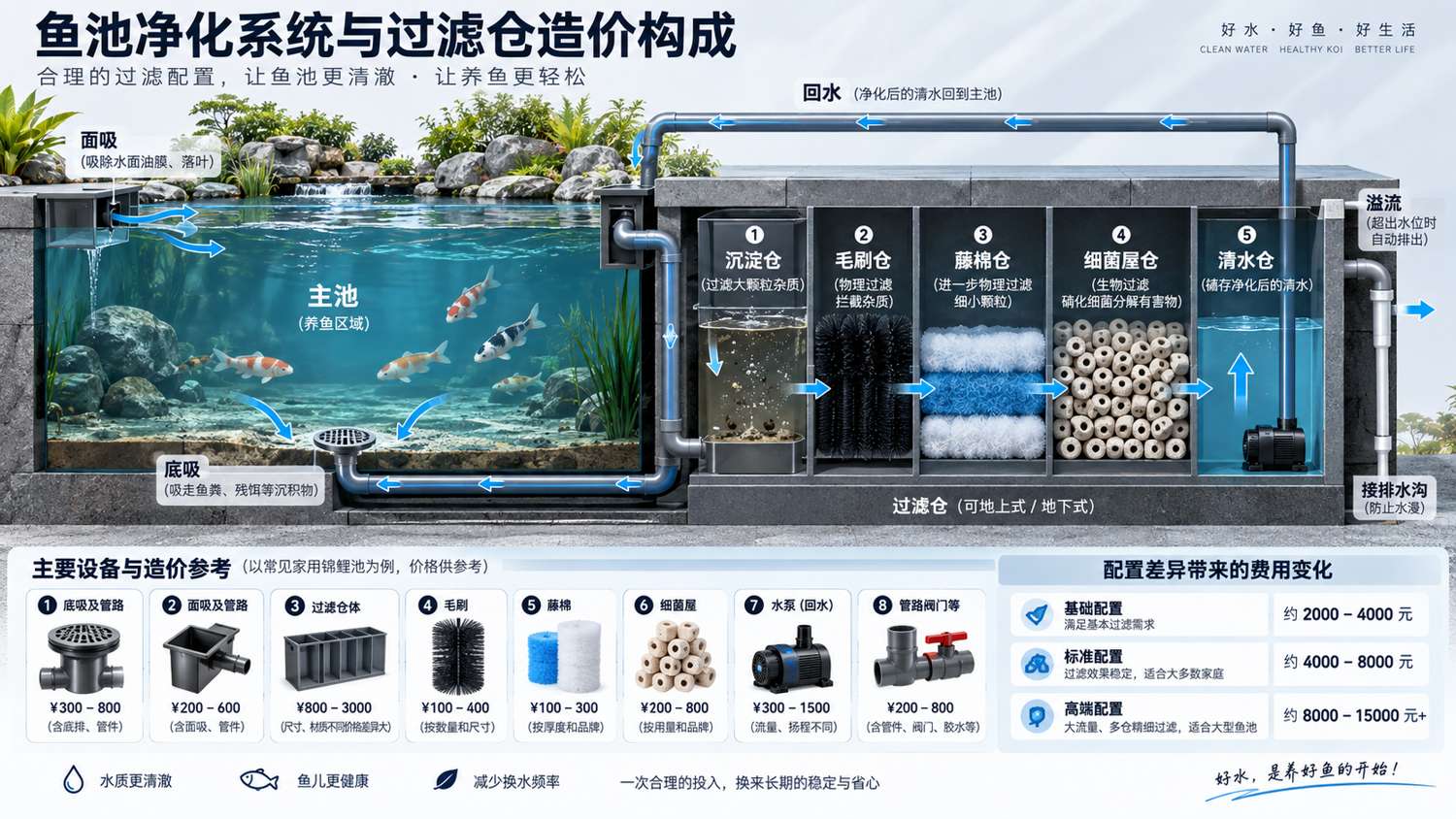 示意图3:鱼池净化系统与过滤仓造价——表达过滤仓土建与净化设备应分别核算。
