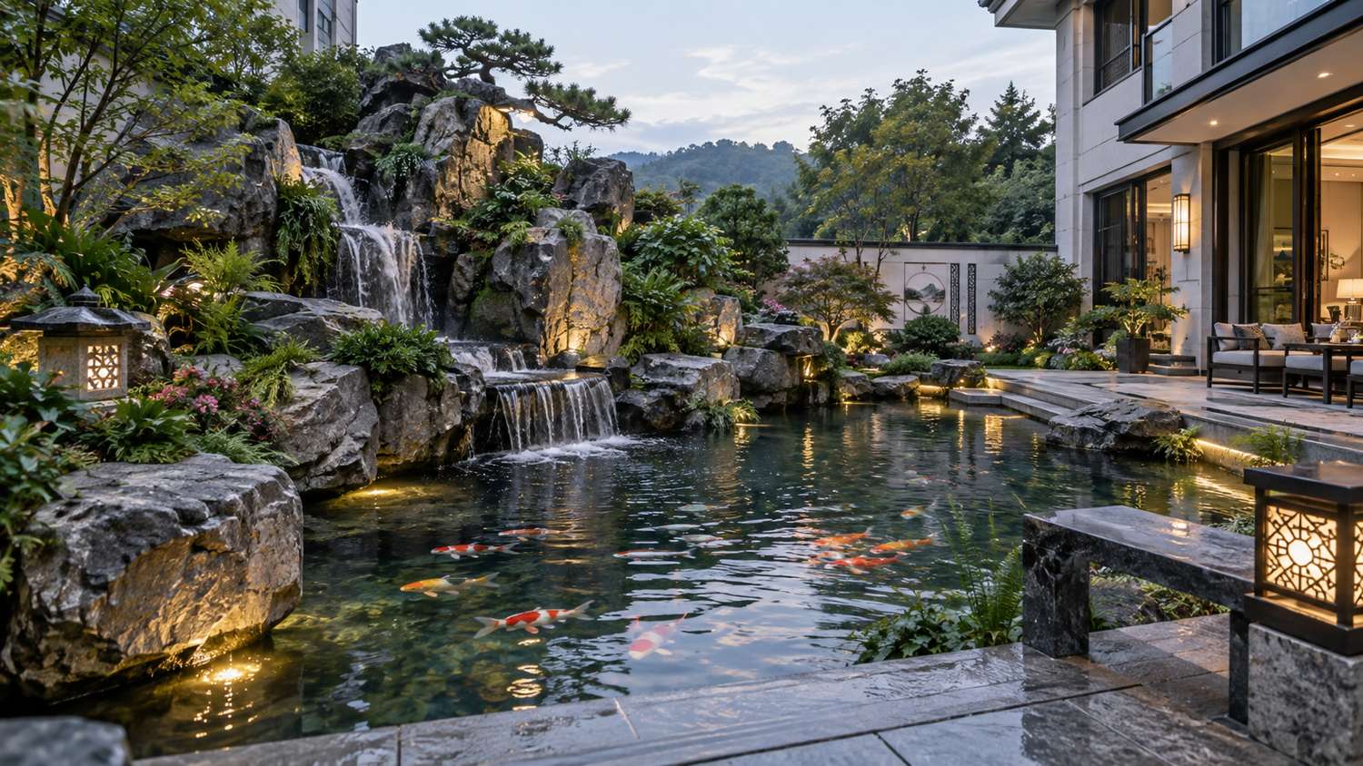 示意图8:庭院锦鲤池假山完工效果——表达不同面积项目最终都需要兼顾景观、水体运行和后期维护。