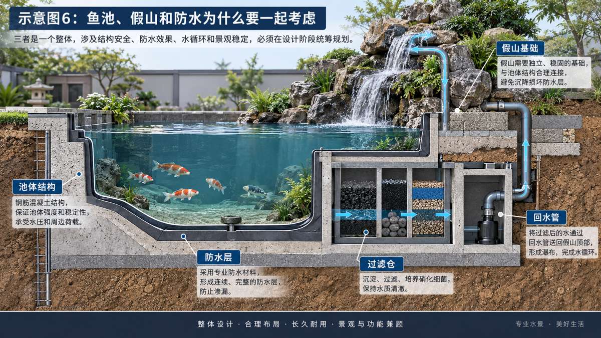 示意图：鱼池假山防水循环系统示意图