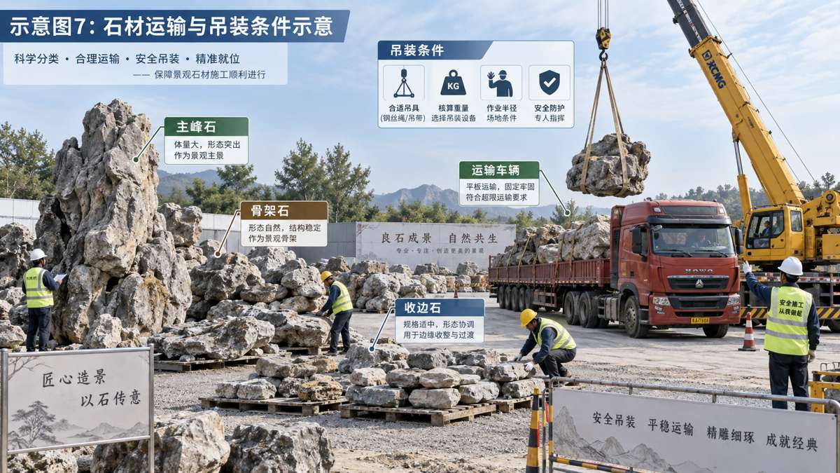 示意图：石材运输与安全吊装示意图