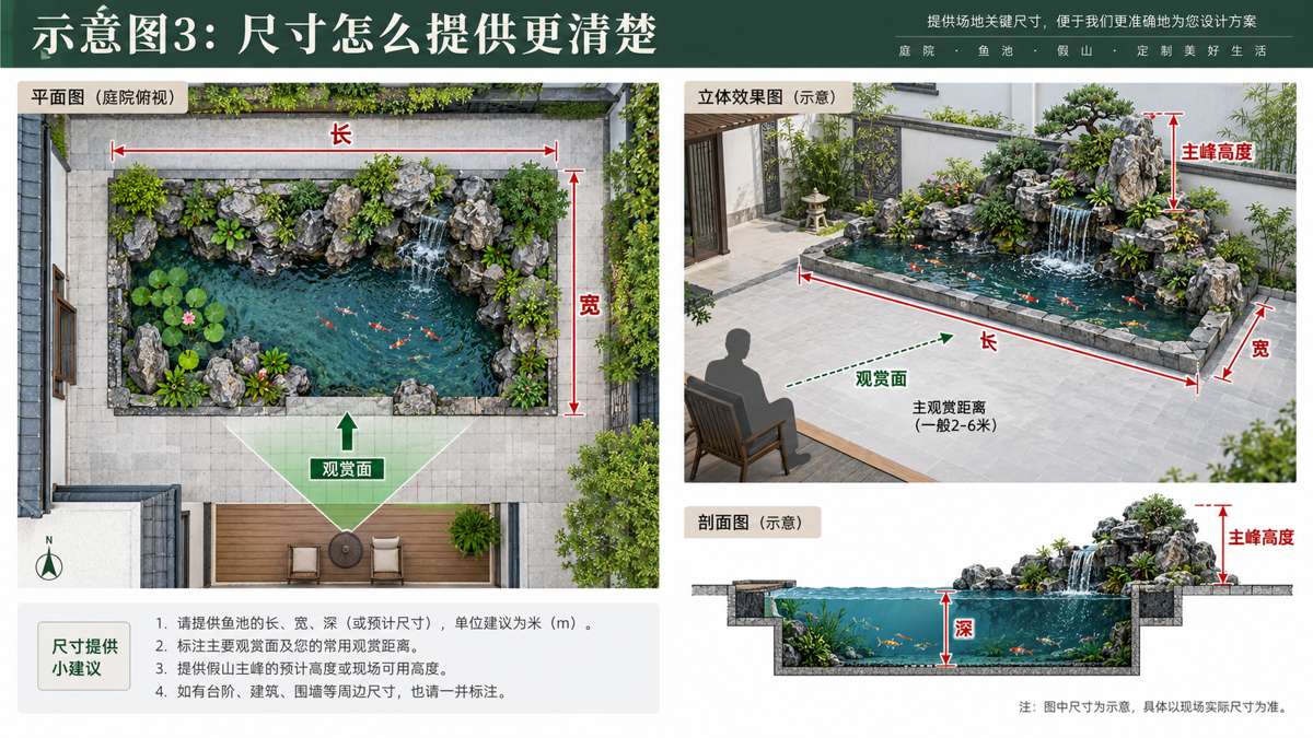 示意图：庭院鱼池尺寸示意图