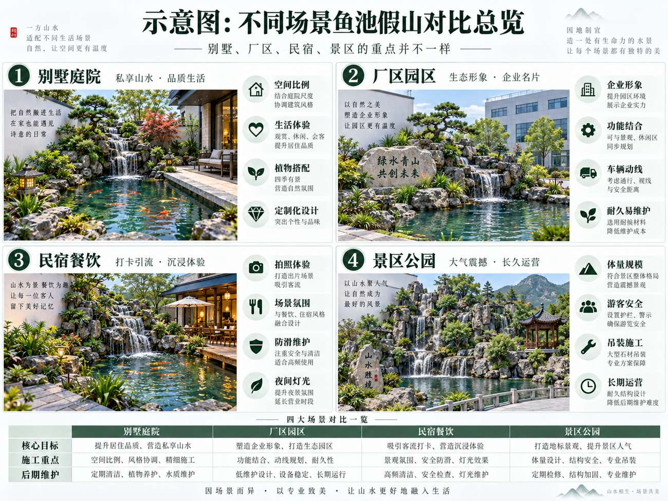 示意图：不同场景鱼池假山对比总览——别墅、厂区、民宿餐饮和景区公园的核心目标、施工重点及后期维护侧重点不同。