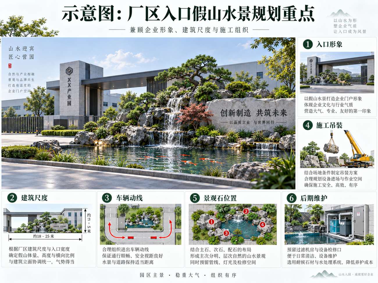 示意图：厂区入口假山水景规划重点——企业形象、建筑尺度、车辆动线、景观石位置、吊装施工和后期维护要统筹考虑。