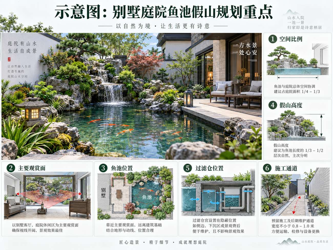 示意图:别墅庭院鱼池假山规划重点——空间比例、主要观赏面、鱼池位置、假山高度、过滤仓位置和施工通道需要一起考虑。