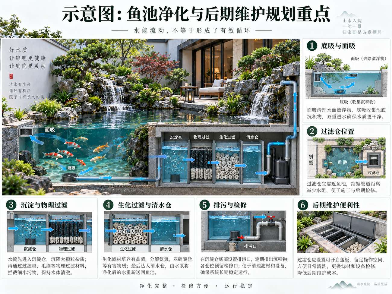 示意图：锦鲤鱼池净化与后期维护——底吸、面吸、过滤仓、排污、回水和检修空间需要在土建阶段提前规划。