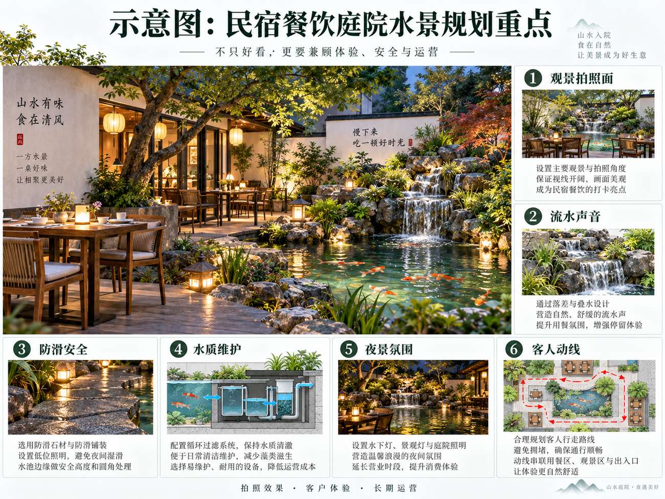 示意图：民宿餐饮庭院水景规划——拍照视角、流水声音、防滑安全、水质维护、夜景和客人动线需要同时兼顾。