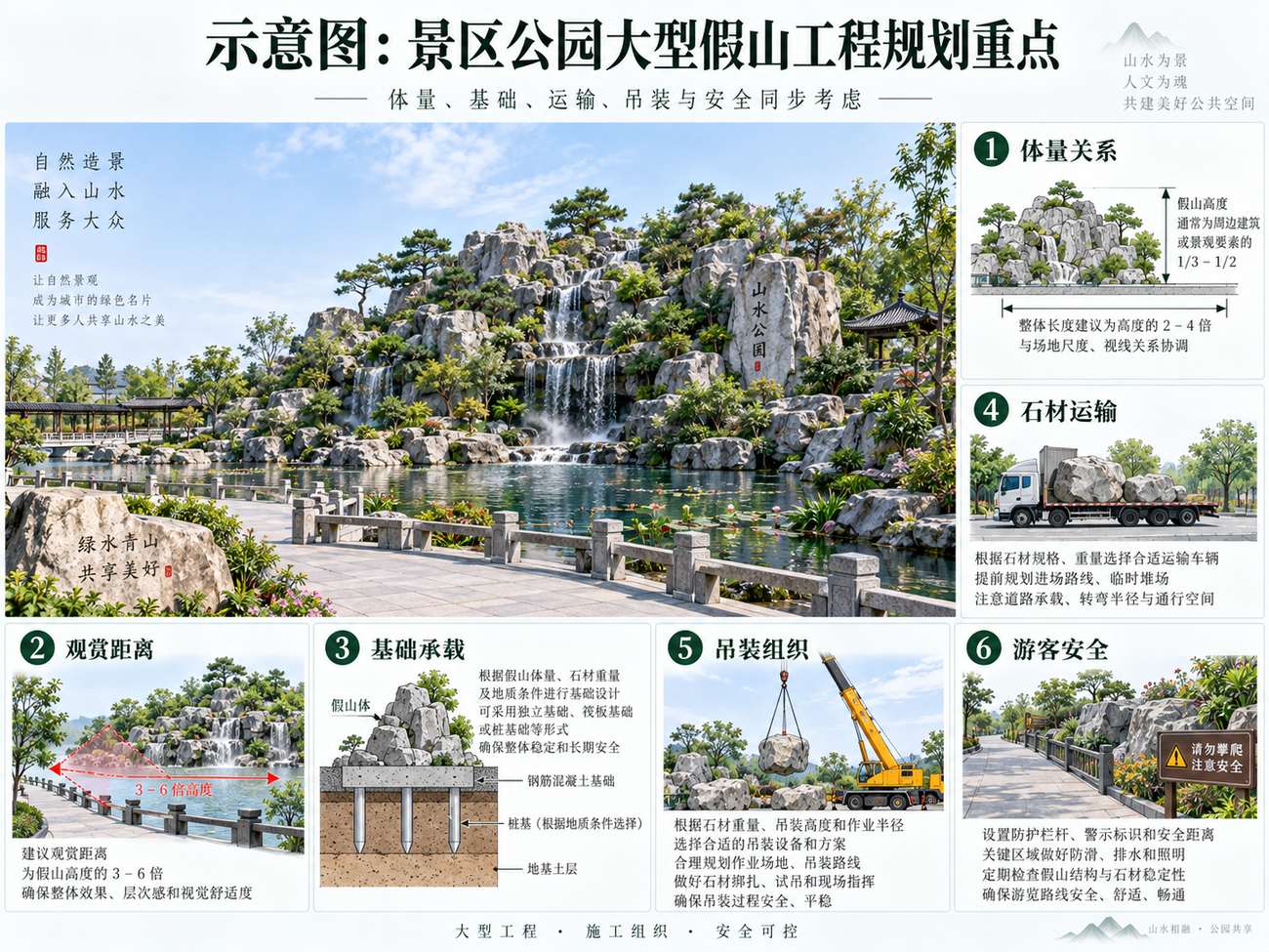 示意图:景区、公园大型假山工程规划——体量关系、基础承载、石材运输、吊装组织和游客安全应同步考虑。