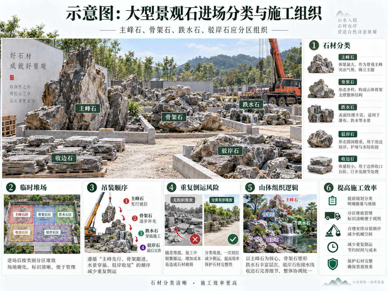示意图：大型景观石进场分类与施工组织——主峰石、骨架石、跌水石、驳岸石和收边石分区组织，可减少重复倒运。