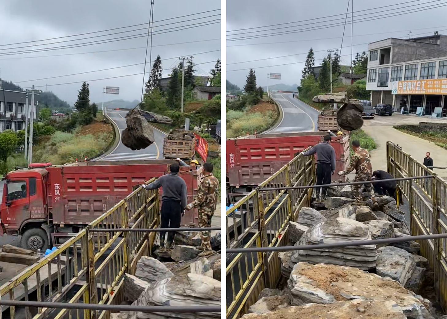 左：吊装大块石材确定主峰位置 右：根据石形调整受力面与观赏面