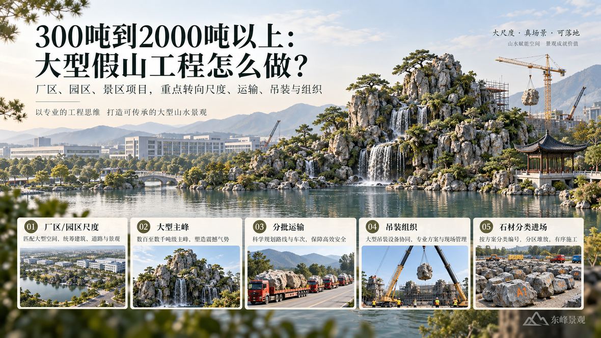 图7 300吨到2000吨以上,大型假山工程更强调运输、吊装与现场组织