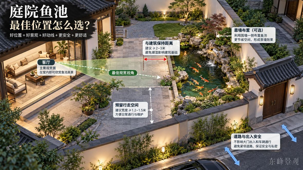 图2 鱼池位置选择示意:建筑视线、通道、围墙与道路需要一起考虑