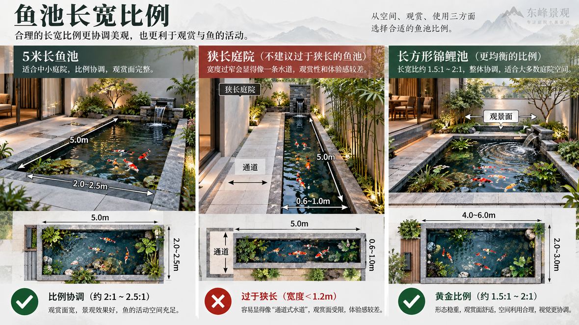 图5 鱼池长宽比例示意:5米长鱼池的宽度应结合场地和用途确定