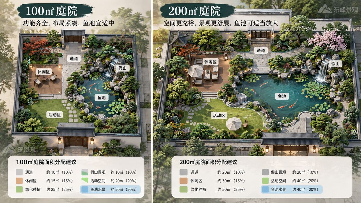 图4 100㎡与200㎡庭院水景比例示意:先保留通道和活动空间,再确定水面