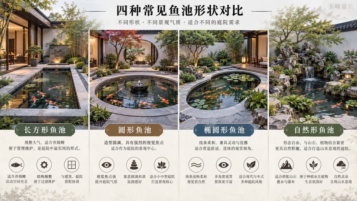 图6 常见鱼池形状对比:长方形、圆形、椭圆形与自然形各有适用场景