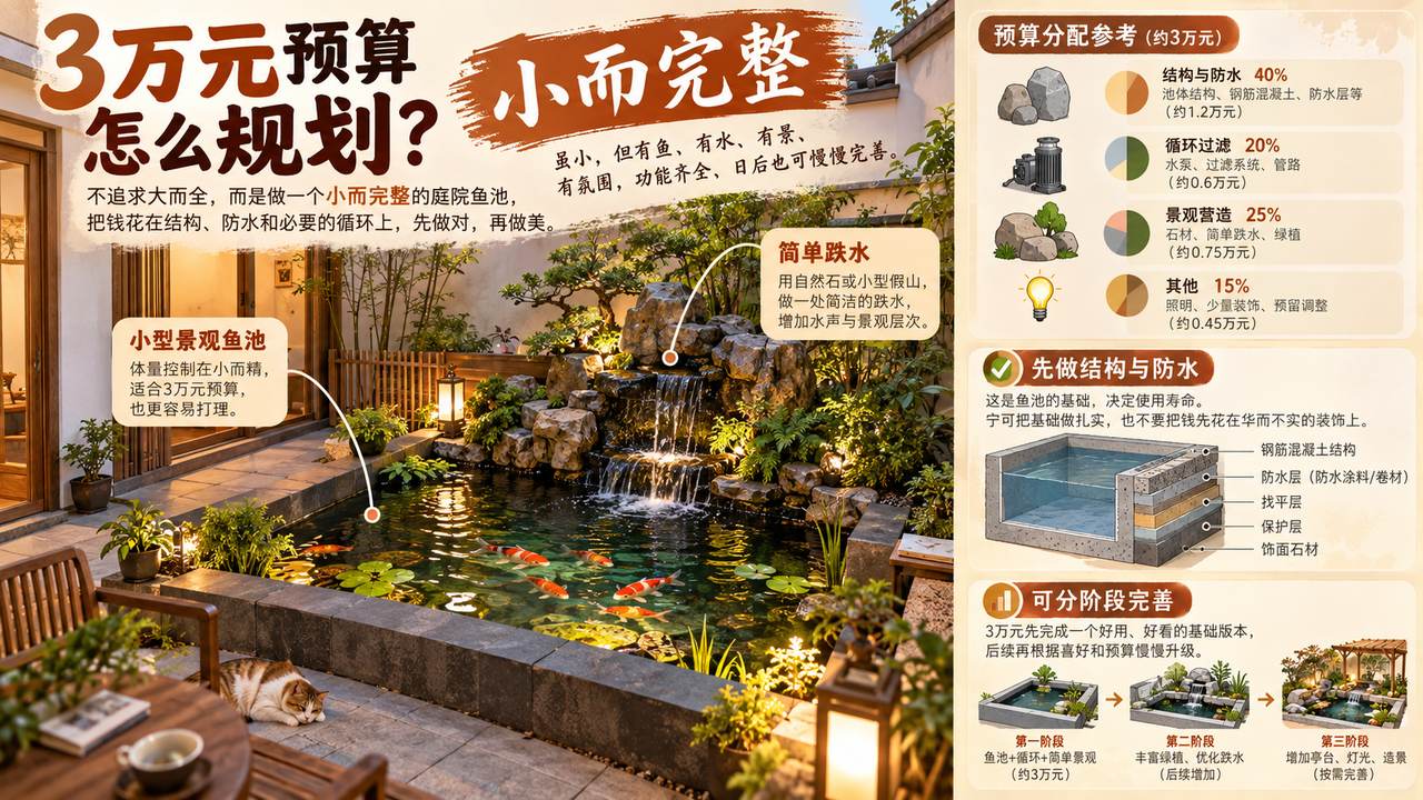 图3 3万元预算：小而完整的庭院鱼池思路