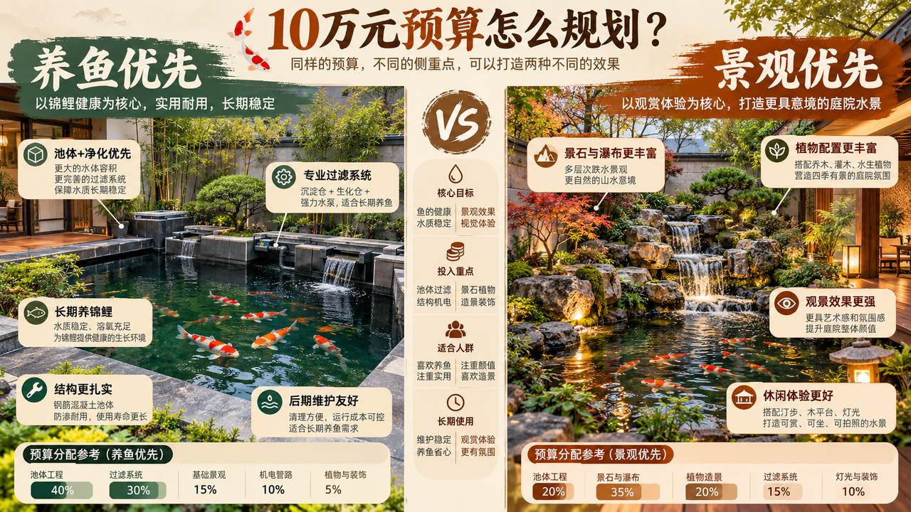 图5 10万元预算：养鱼优先与景观优先的差异