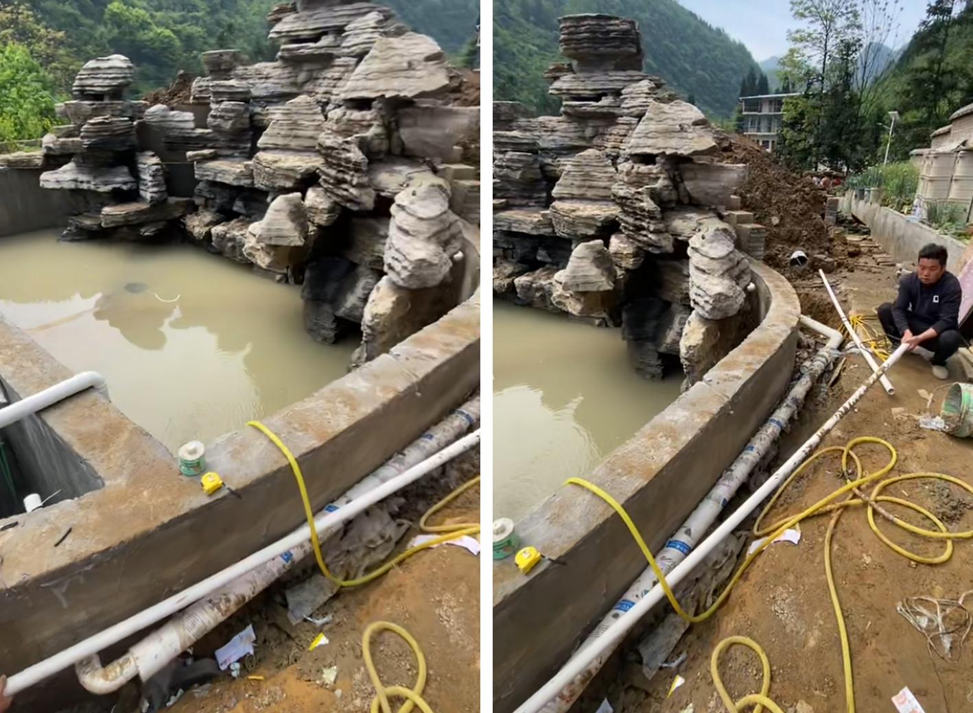 左图：千层石假山与鱼池、净化仓的整体关系 右图：主峰、洞口及山脚收口实拍