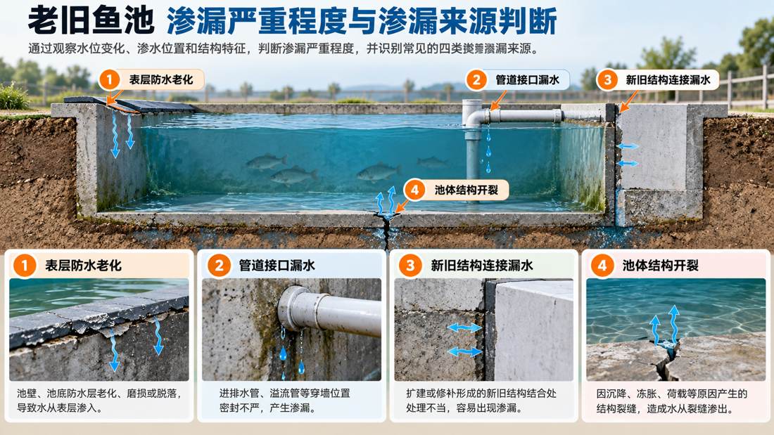 图3 渗漏来源判断：表层防水老化、管道接口、新旧结构连接、池体结构开裂。