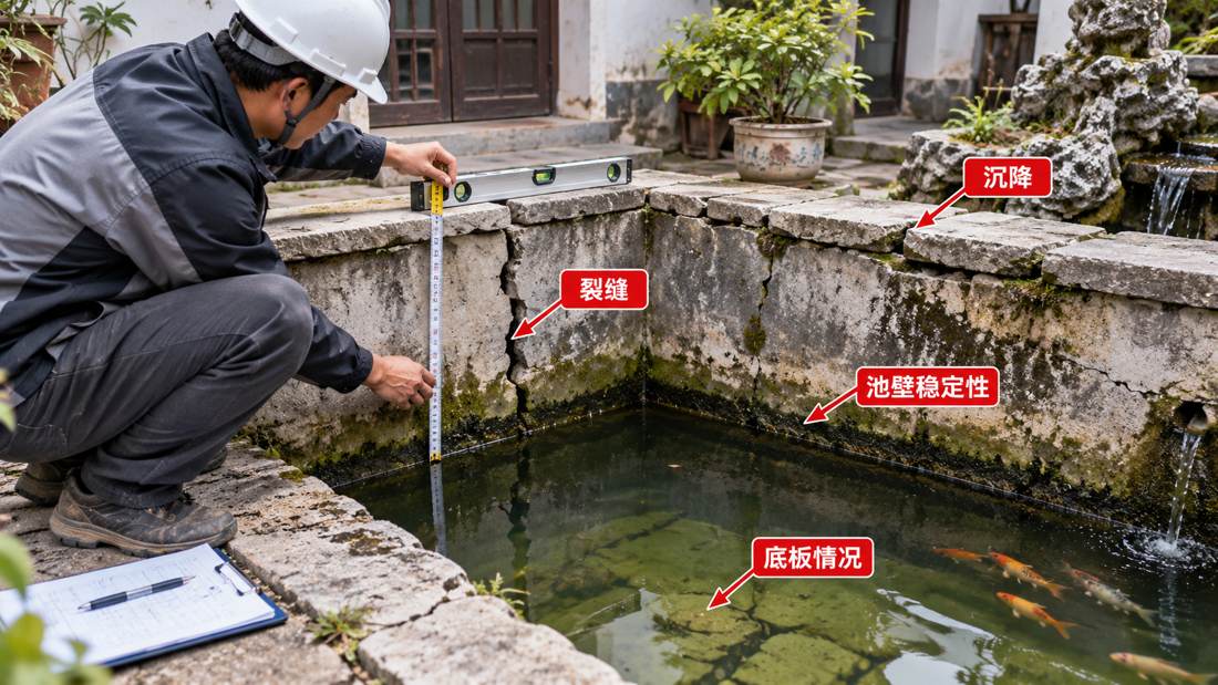 图2 先看池体结构：有没有沉降、裂缝、池壁失稳和底板异常。