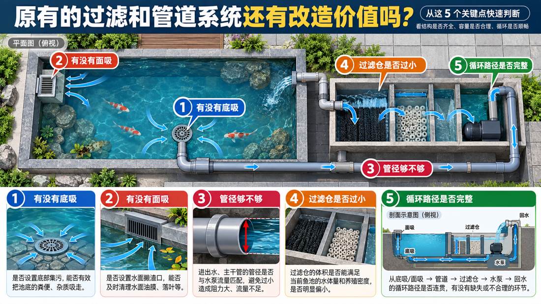 图4 判断原有过滤与管路是否还有改造价值，先看底吸、面吸、管径、过滤仓和循环路径。