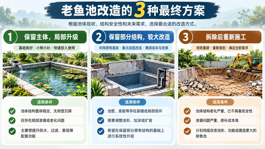 图7 旧鱼池改造常见有三种处理路径：局部升级、较大改造、拆除重建。