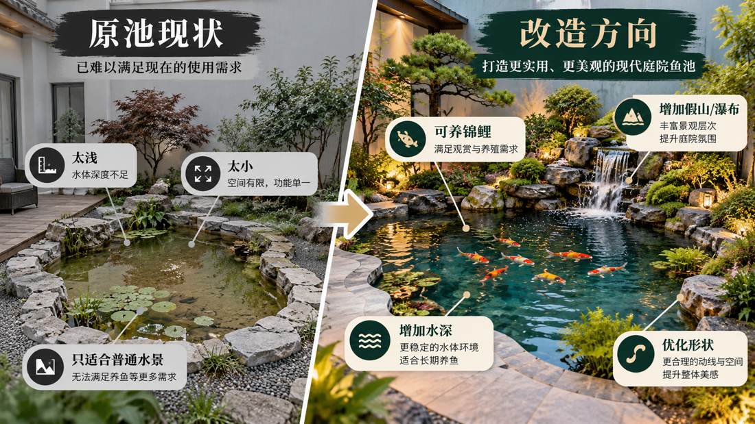 图5 原池布局是否还能满足现在需求，要同时看水深、体量、景观层次和养鱼功能。
