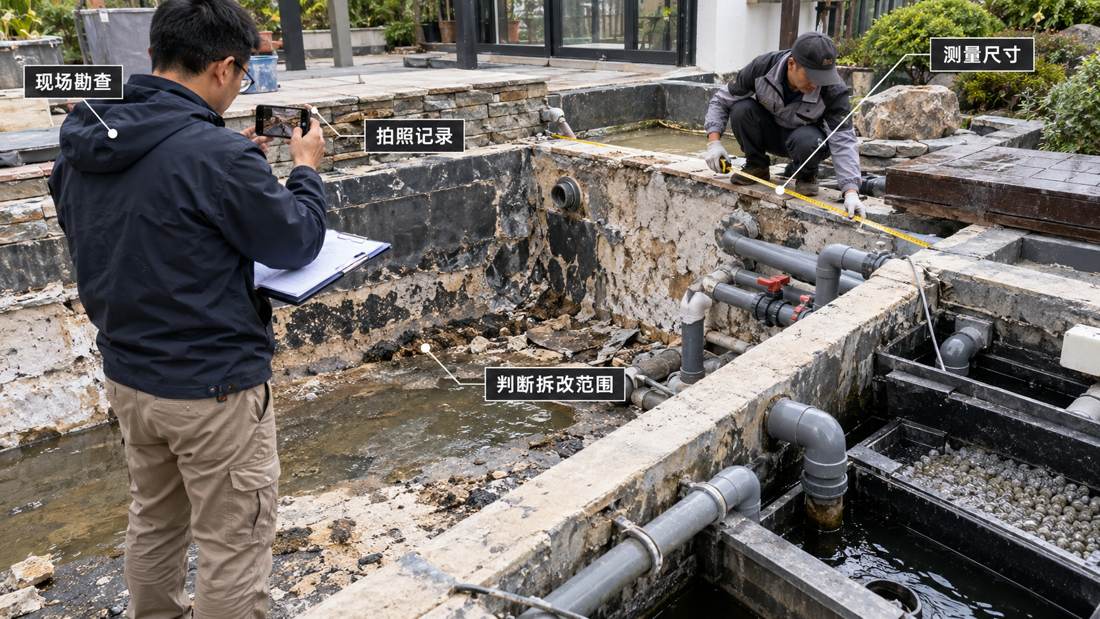 图8 现场勘查阶段应先拍照、测量并划清拆改范围，再决定最终施工方案。