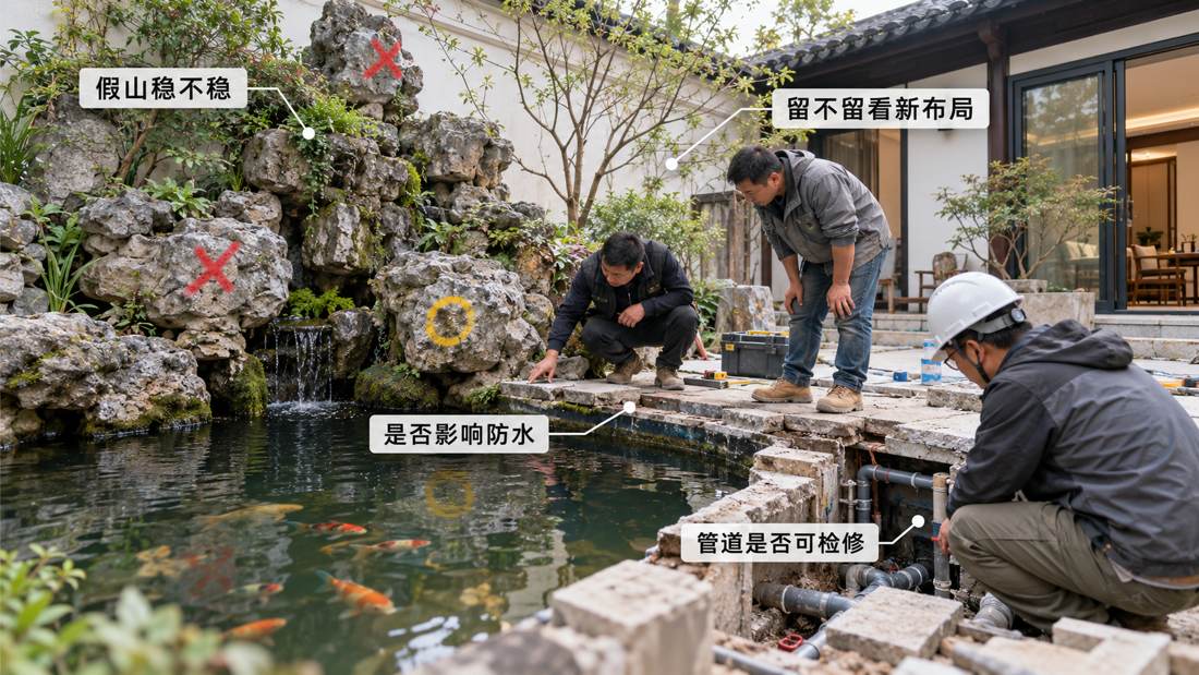 图6 原有假山是否保留，不只是看外观，更要看稳定性、防水关系和检修条件。
