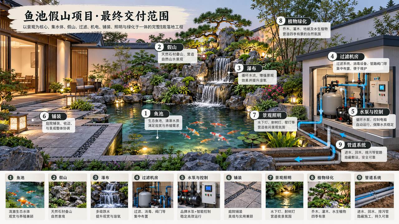 图2 鱼池假山最终交付范围不是单一石材工程，而是池体、假山、流水、过滤、管路、机电和景观收口的组合。