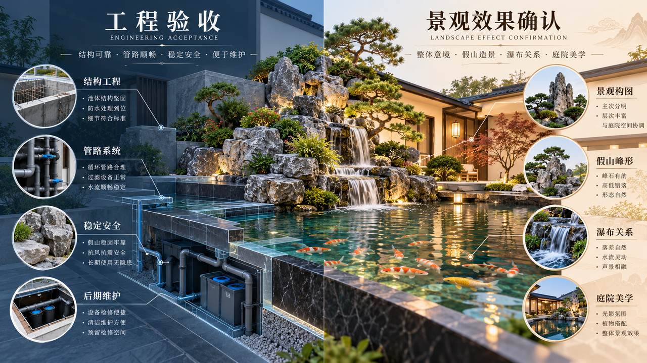 图7 假山鱼池既有工程质量要求，也有景观效果要求，两类验收关注点不同，应在签约阶段分别约定。
