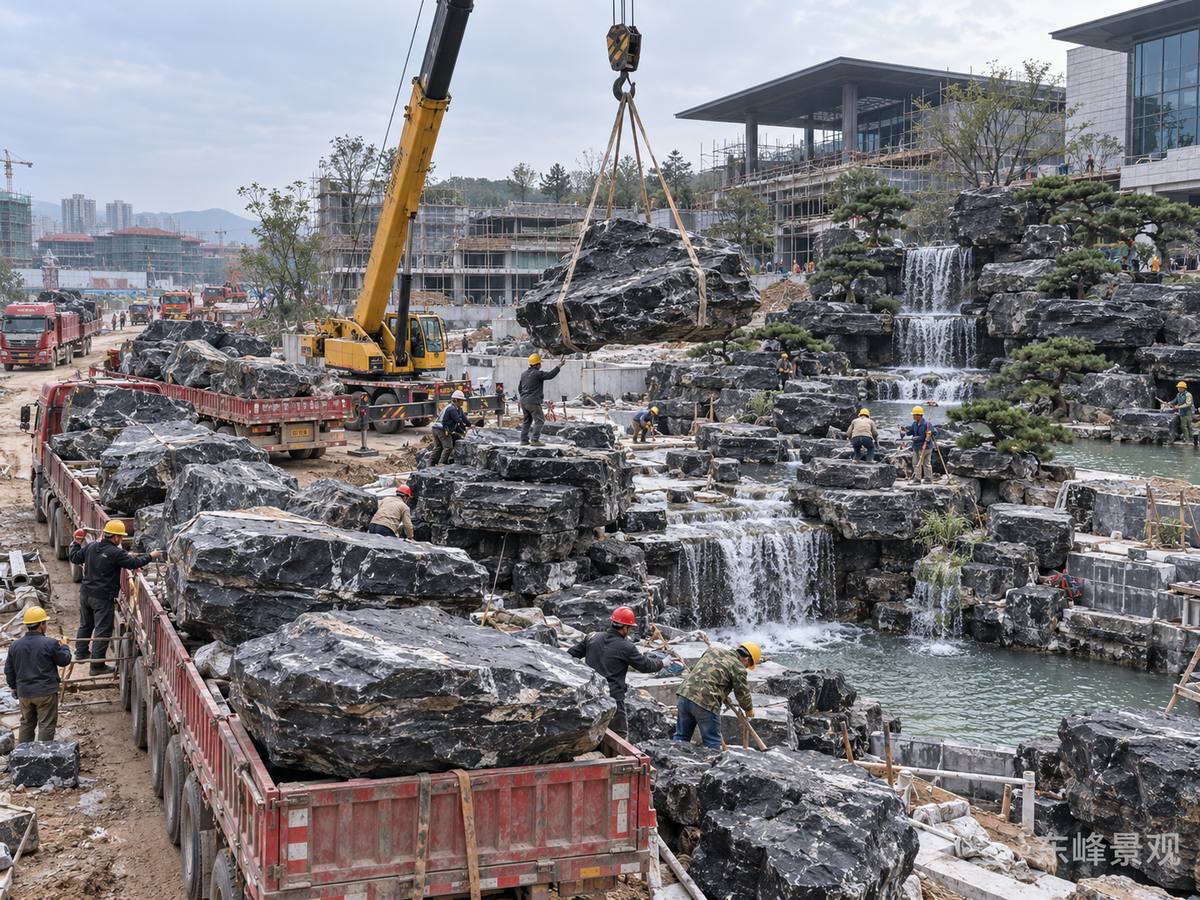 图4 大型假山真实案例应尽量对应材料进场、运输吊装、施工中期和完工记录。