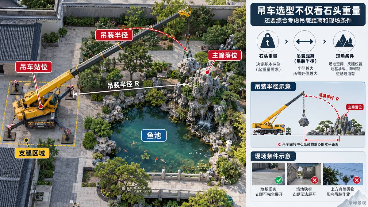 图3 吊车选型不能只看石头重量，还要结合吊装半径、支腿展开空间和现场障碍物。