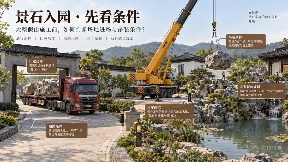 图1 大型景石与假山工程进场前，应先判断院门、道路、吊车站位和石材就位条件。