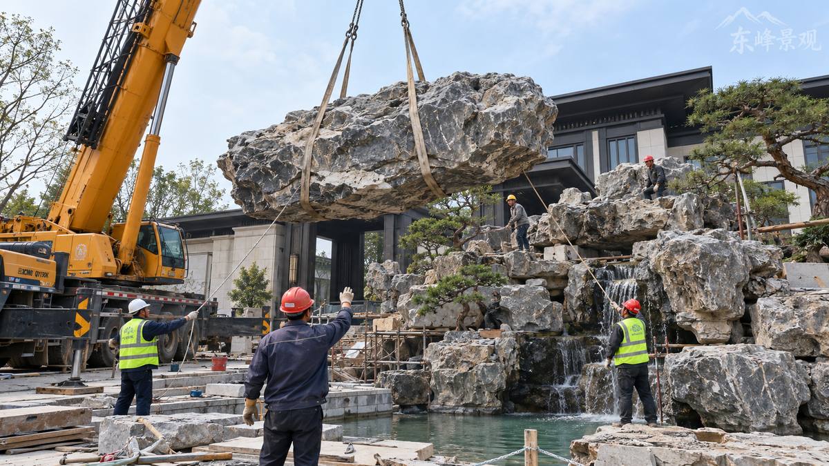 图7 主峰石落位前，应复核吊点、落位方向、人员站位和水体周边安全距离。