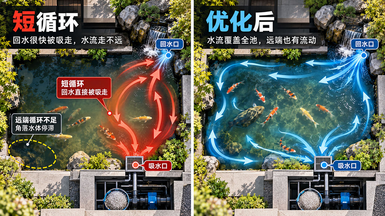 回水短循环与优化后水流覆盖示意：不能只以水泵启动判断整池循环是否充分。