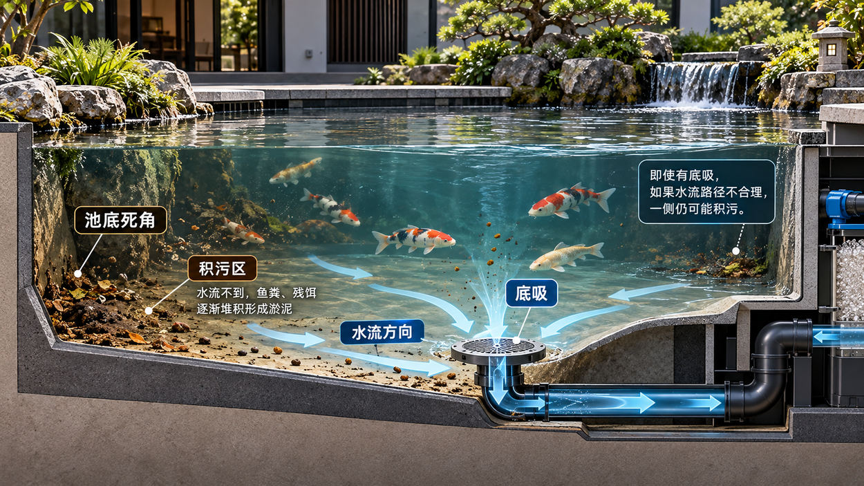 底吸与池底水流示意：即使设置底吸，水流死角仍可能积存鱼粪和残饵。