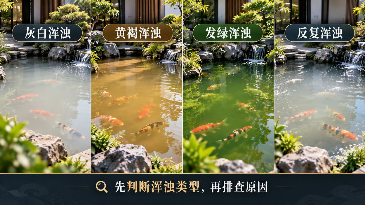 灰白、黄褐、发绿和反复浑浊：不同水体表现需要分别判断原因。